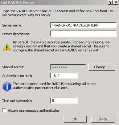 Figure 3: Verify Authentication port and enter the Shared secret After Forefront TMG is configured as a RADIUS client and RADIUS support is activated, enable VPN client Quarantine on