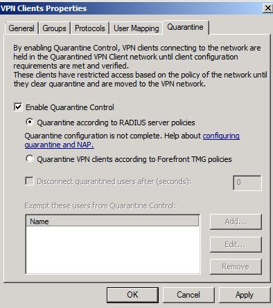 Figure 4: Enable VPN Quarantine Control If you want to exempt specify users from Quarantine control you can add these users here.