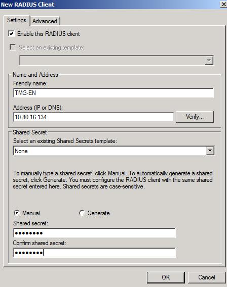 Figure 5: Add the Forefront TMG Server as a RADIUS client in the NPS Server settings Don t