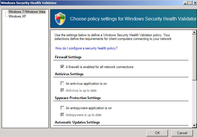 Figure 7: Specify SHV requirements After we configured the Windows Security Health Validator we have to configure two Health Policies.