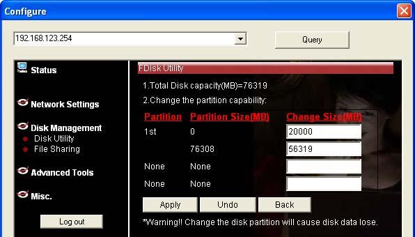 Change the partition capacity: this tool can make you create up to four partitions. Specify the size of the partitions in megabytes and click the Apply to apply the new settings.