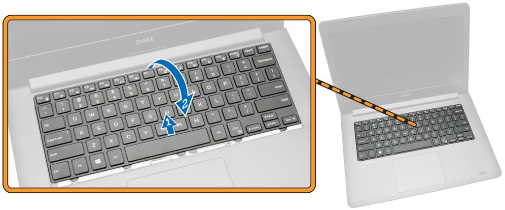 4. Perform the following steps as shown in the illustration: a. Lift the keyboard from the computer [1]. b. Flip the keyboard to access the keyboard cable [2]. 5.