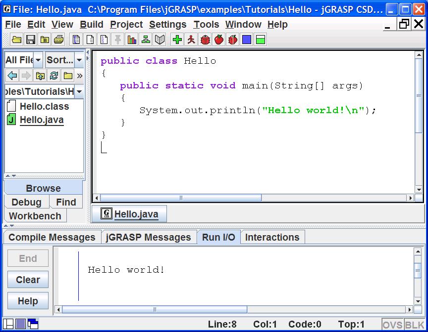Double-clicking on the Hello folder, then the Hello.java file, as shown in Step 1 below, opens the program in a CSD window.