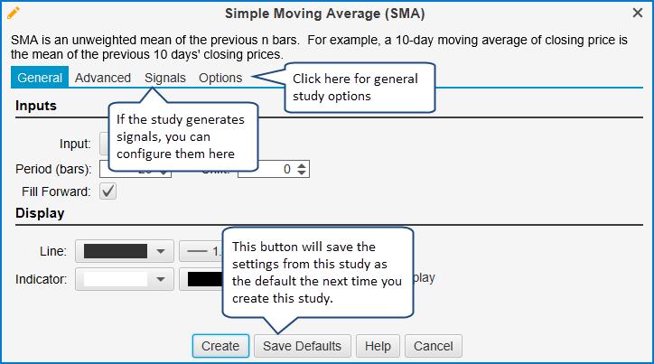 Study Dialog - SMA Adjust the settings for the study and click on the Create button to add the study to the chart.
