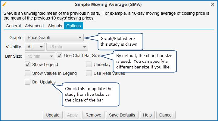3.20.3 Study Options All studies will have an Options tab as the last tab when you create or modify its settings. This tab will contain different values if it is an overlay or a study plot.