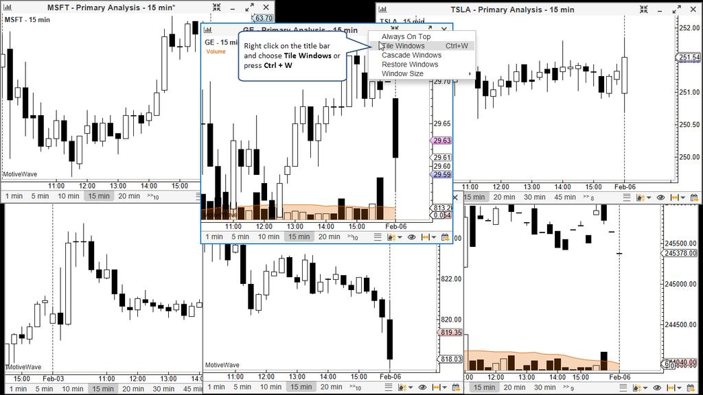 3.28.2 Tile Windows The Tile Windows feature is useful to arrange your charts on a single monitor without having to position the windows manually.