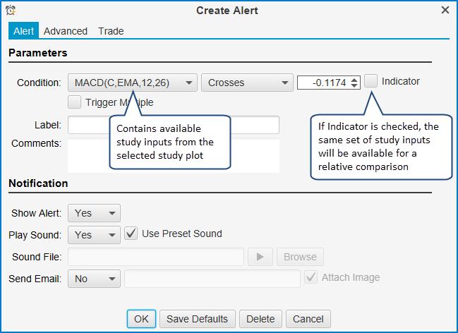 Create Study Alert Dialog Two types of comparisons can be made with a study alert: 1. Absolute Comparison A study value is compared to a specific value (ie -0.