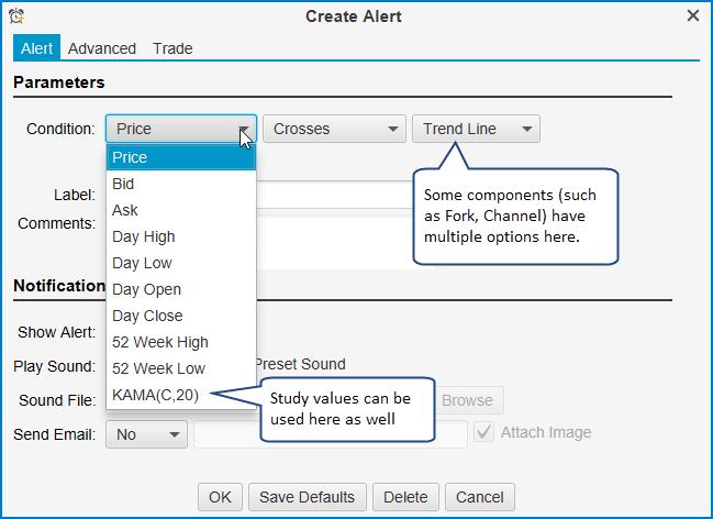 Component Alert Dialog In the example below the study value KAMA(C,20) was chosen to cross the trend line. The alert label shows the current crossing value. Press the C button to cancel the alert.