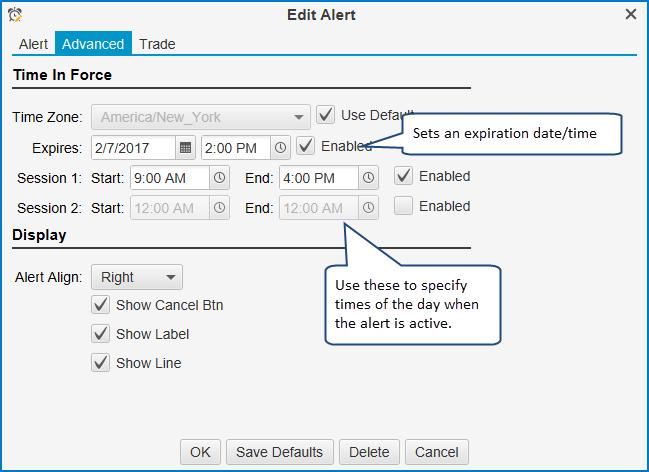 This tab enables to you adjust time times when the alert is applicable (or expires) and the display properties.