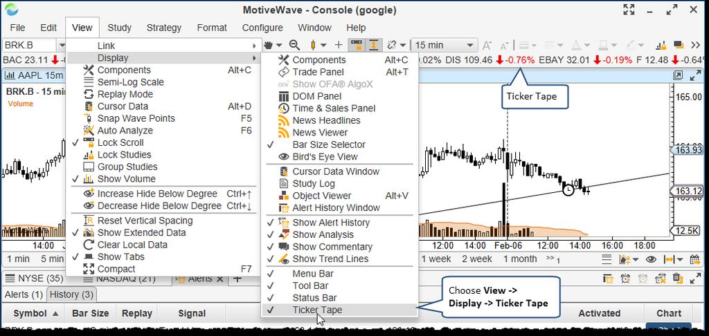 3.31 Ticker Tape Ticker tape displays a rolling set of prices for a selected set of instruments across the top of the Console, Desktop or Chart Window.
