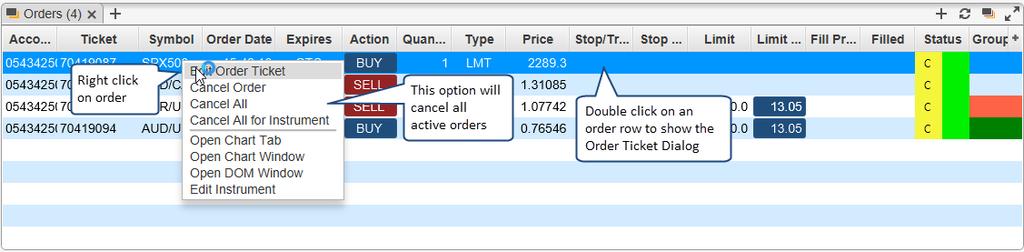 If an order has outstanding changes, the status column will change to show a T and a D.
