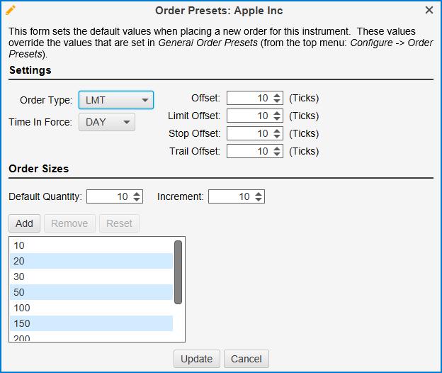 Order Presets - Instrument 4.5 Chart Trading Perhaps the most convenient way to create orders in MotiveWave is by using the tools available from a chart. There are several ways to do this: 1.