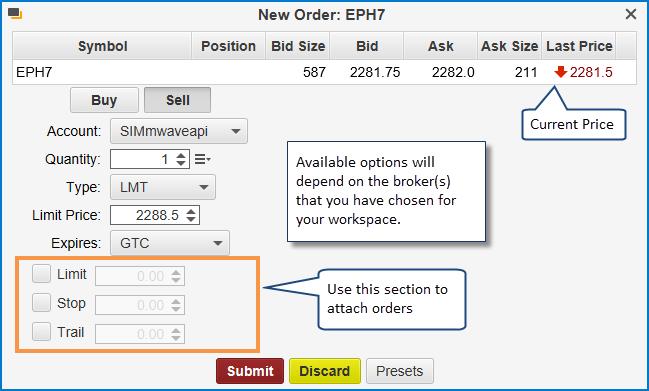Order Ticket Dialog 4.5.5 Context Menu The context menu (right click on the chart area) has options for placing orders and adjusting trading settings. Context Menu Trading Options 4.5.6 Trade Panel The trade panel is a convenient tool for managing orders and positions from the chart.