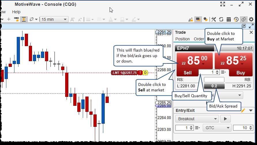 Trade Panel Bid/Ask Tab 4.5.6.4 Entry/Exit Strategies Entry/Exit strategies provide a convenient way to place combinations of orders in a single click.