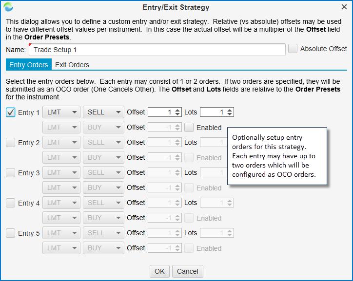 You can specify up to five entry orders for the strategy. Each entry may have one or two orders.