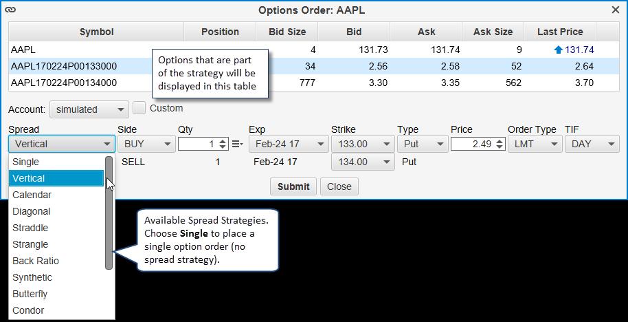 4.7.2 Option Spread Strategies MotiveWave supports several common spread strategies: 1. Vertical 2. Calendar 3. Diagonal 4. Straddle 5. Strangle 6. Back Ratio 7. Synthetic 8. Butterfly 9. Condor 10.