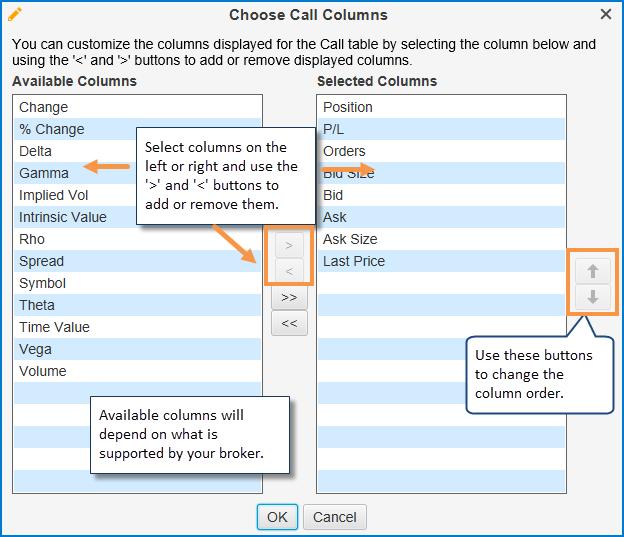 Update Button Applies these changes and closes the dialog 10. Call Columns Button Click on this button to choose the columns displayed for Call Options 11.
