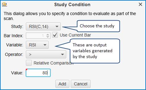 In the Study Condition dialog (see below) you can define a condition based on a variable that is generated from one of the studies you defined.