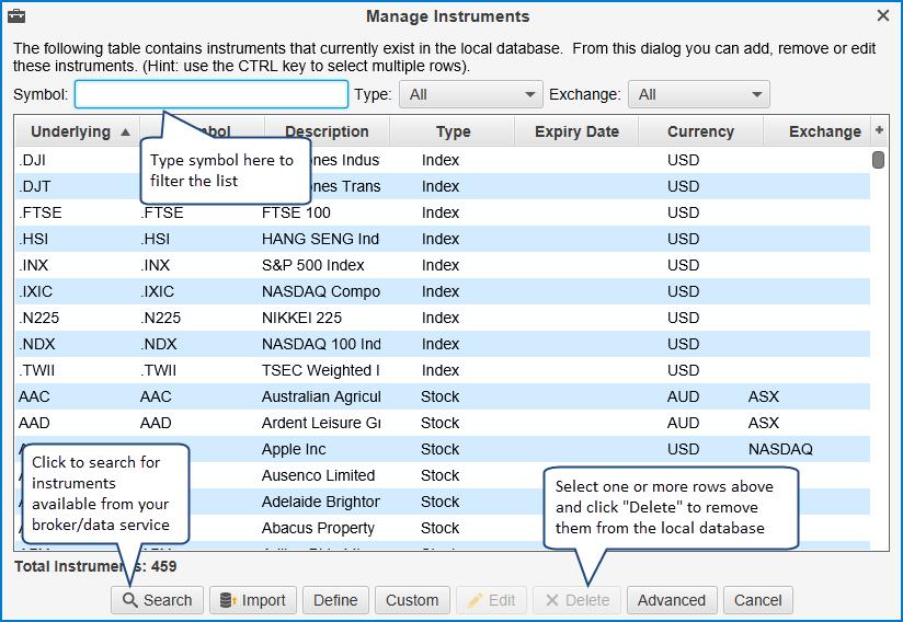 The Manage Instruments dialog displays all of the instruments that are defined in the local database.