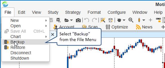 2.8 Backup/Restore The Backup/Restore feature enables you to export settings, analyses, instruments, watch lists, scans and open windows/positions to a single backup file.