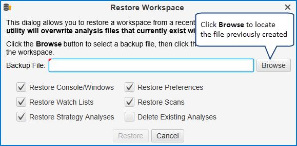 Restore Dialog Click on the Browse button and locate the backup file that you created previously. The options available for restore are as follows: 1.