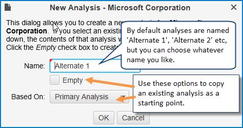 A new analysis may be empty (just price bars) or you can base an analysis on an existing analysis by choosing one from the Based On drop down.