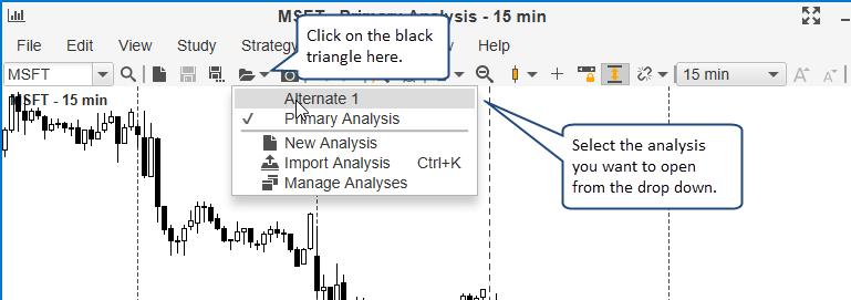 3.15.2 Open Existing Analysis If you want to quickly open an analysis, just click on the small black triangle next to the open button on the tool bar.