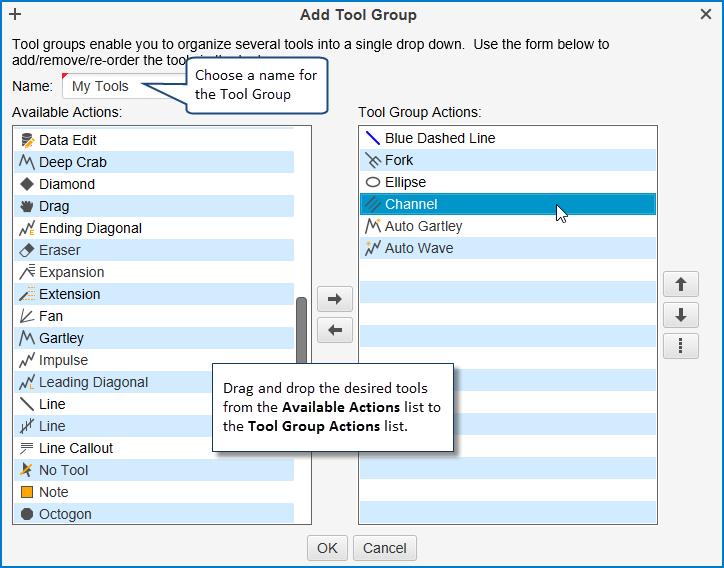 Choose a name for the tool group and add the desired tools from the Available Actions list to the Tool Group Actions list. Click on the OK button to create the tool group.