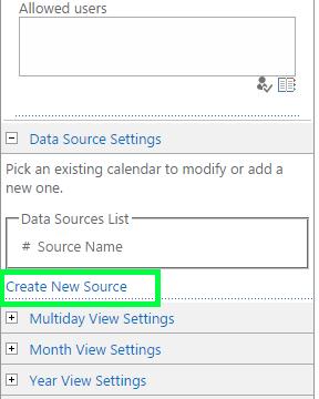 29 Data Source Settings In order to add a new data source to the calendar, use Create New Source link. Type the name of new data source and check the box Show in calendar.
