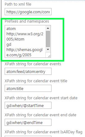 All the XML information is define with xpath strings. The following strings are required to enter: path to XML file, XPath string for calendar events, XPath string for calendar event start date.