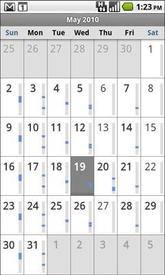 Calendar 149 Working in Month view Month view displays a chart of the events of the month. Segments of each day with scheduled events are blue in the day s vertical bar.