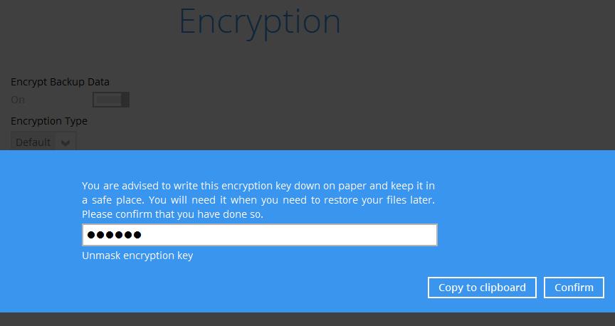 10. In the Encryption window, the default Encrypt Backup Data option is enabled with an encryption key preset by the system which provides the most secure protection.