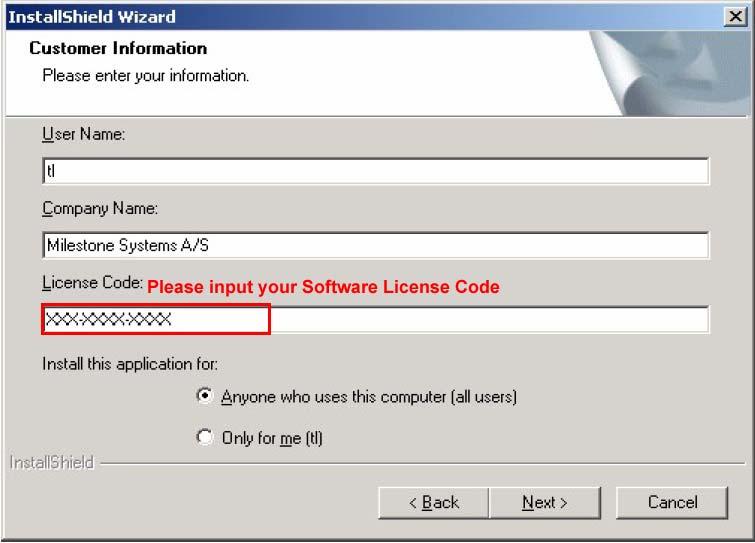 Step 6: Install Milestone Software and input Software License Code 1. Double click on the MilestoneXProtectEnterprise.exe file to install it. 2.