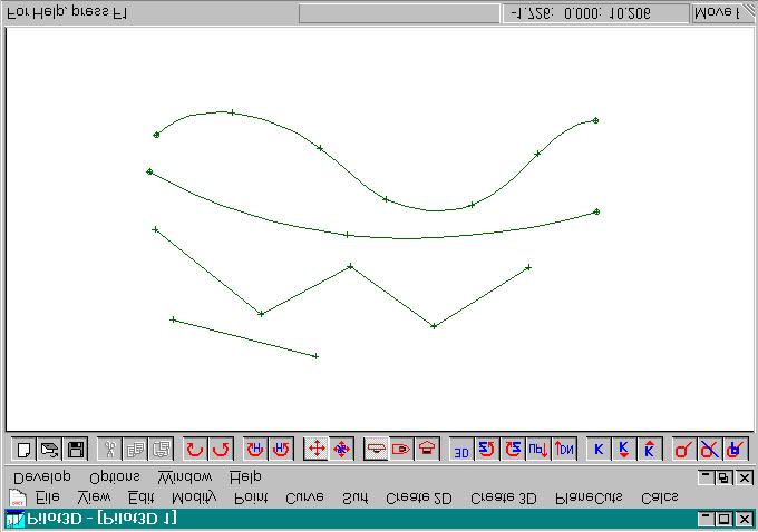 This screen shows several examples of both polylines and NURB curves. They were created as follows: 1. Select either the Add Curve or the Add Polyline command.
