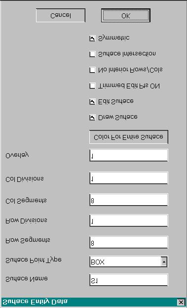 All geometric entities have properties or attributes associated with them, such as point type and entity color. This screen shows an attribute dialog box for one particular surface entity.