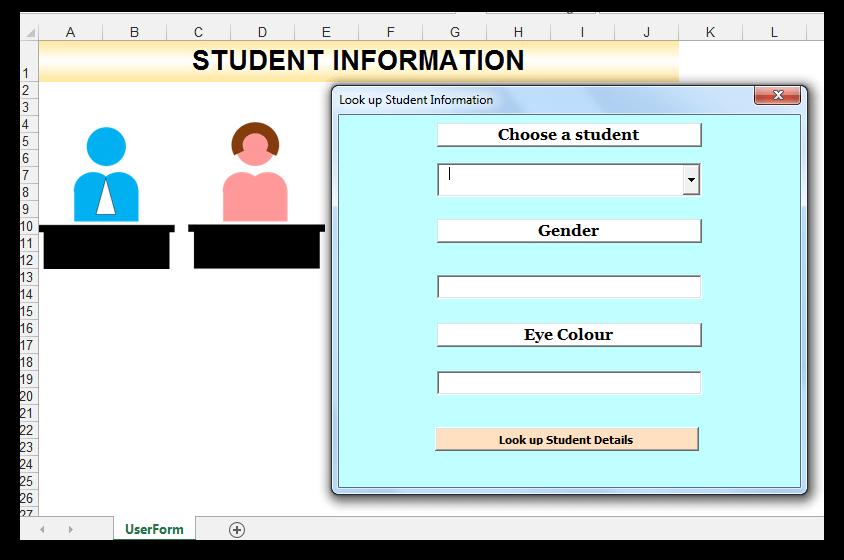 29) Select a student name using the combo box and the student gender and