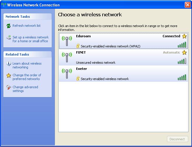Once your credentials have been successfully verified, the Wireless Network Connection dialog box will confirm that your are now Connected to Eduroam and will be able to access the Internet.