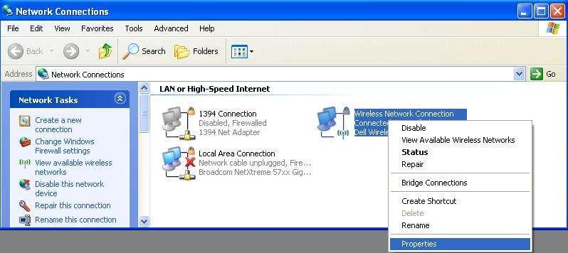 4. When the Network Connections dialogue box is displayed, right click on the Wireless Network Connection icon