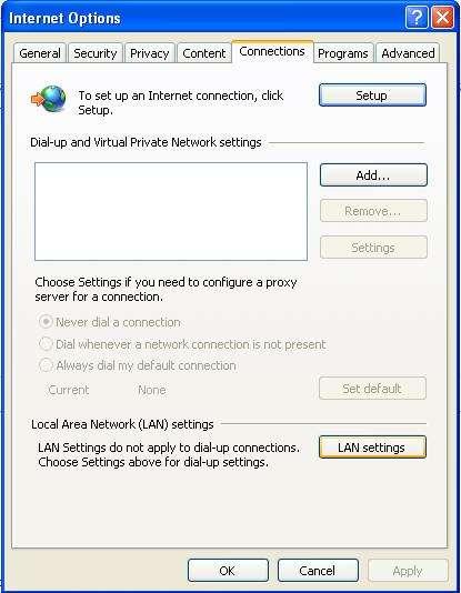 In the Internet Options dialogue that follows select LAN settings as shown below.