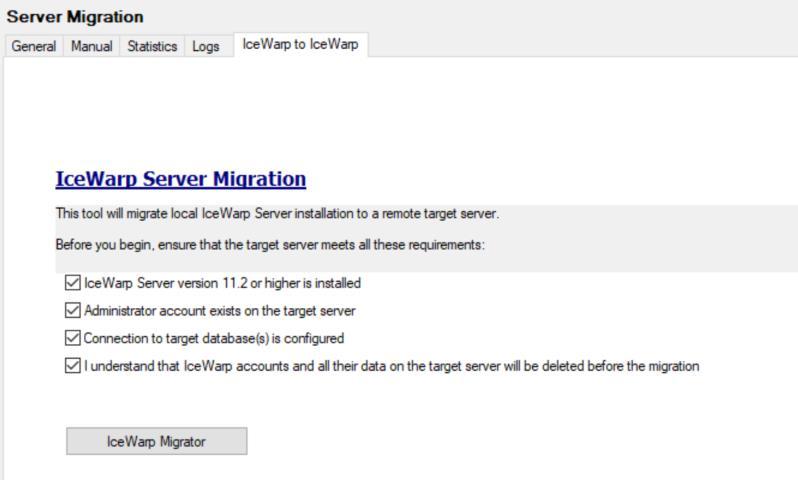 IceWarp to IceWarp Migration Guide 8 Target Server Start When everything is prepared, admin selects the Target server start action. This re-enables previously disabled services on the target server.