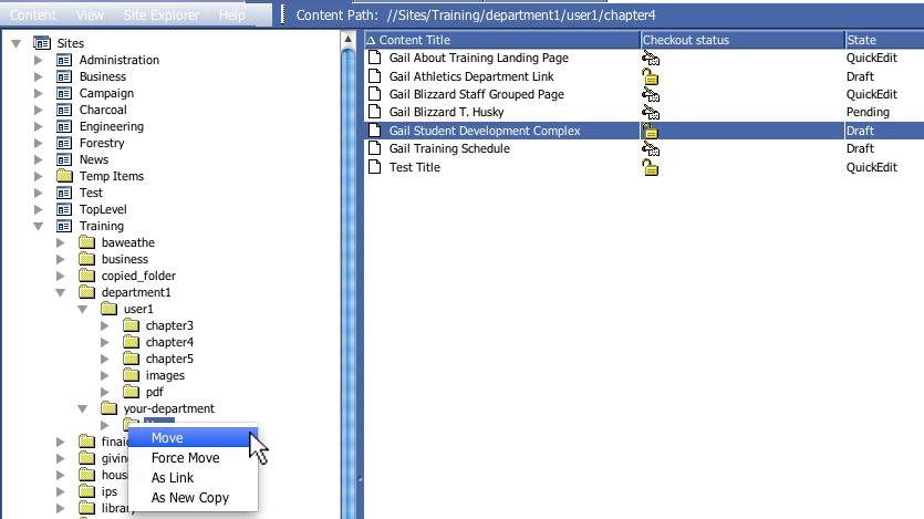Managing Folders Web Admin 33 e. You will automatically return to the CMS. 3. Locate the folder you d like to move. a. Use the pane on the left side of the window to locate the folder you d like to move.