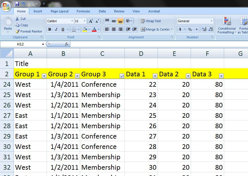 Excel 2007 Freeze Panes As we scroll through our data, the top two rows remain in place.