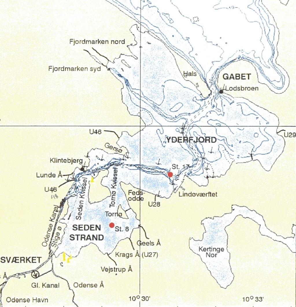 MIKE 3 Flow Model FM Figure 3.1 A map of Odense Estuary and the position of sources and monitoring stations 3.