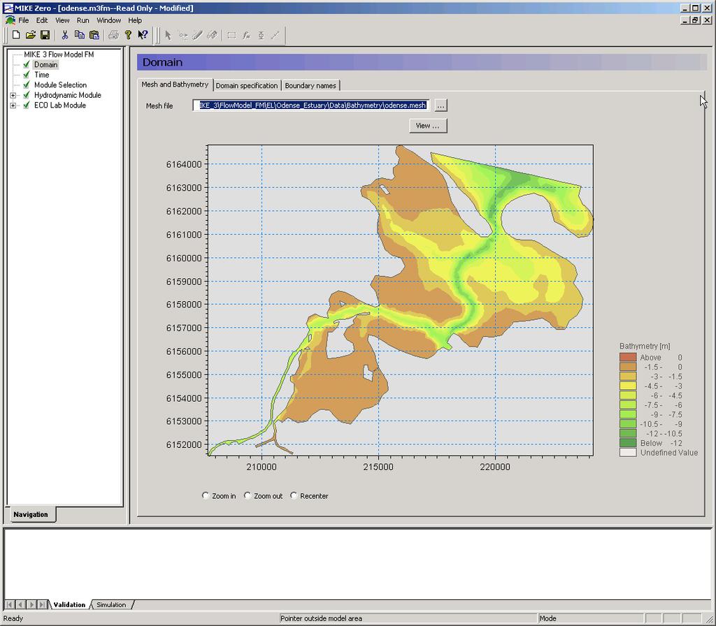 Model FM, see Figure 4.1. Figure 4.1 Starting MIKE 3 Flow Model FM in MIKE Zero Specify the bathymetry and mesh file odense.