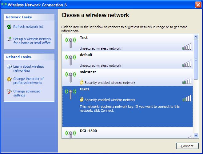 The utility will display any available wireless networks in your area. Click on a network (displayed using the SSID) and click the Connect button.
