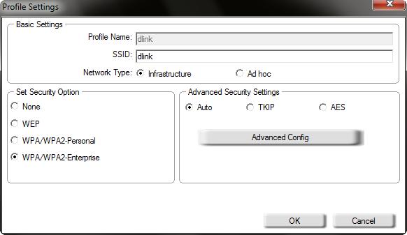 Click on New to create a new profile or highlight an existing profile and click Modify. 2. Select WPA/WPA2-Enterprise under Set Security Option and then select TKIP or AES. 3.