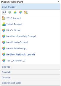 Using the Places Web Part The Places web part is used in SharePoint to allow a user to "Follow" and browse Jive places (spaces, projects, and groups).