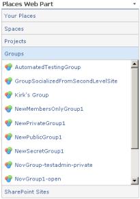 Groups SharePoint Sites The "Groups" panel shows a complete list of Jive Spaces available to "Follow" The