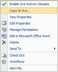 Here is another example of an item context menu. Since Activity Streams have been disabled, notice how the option to "Enable Jive Activity Streams" is presented.