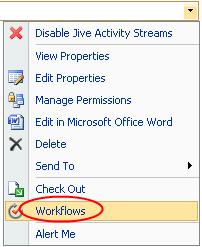 2. Click the workflow you want to run. This example uses "Jive Copy Document" as shown in the following image.